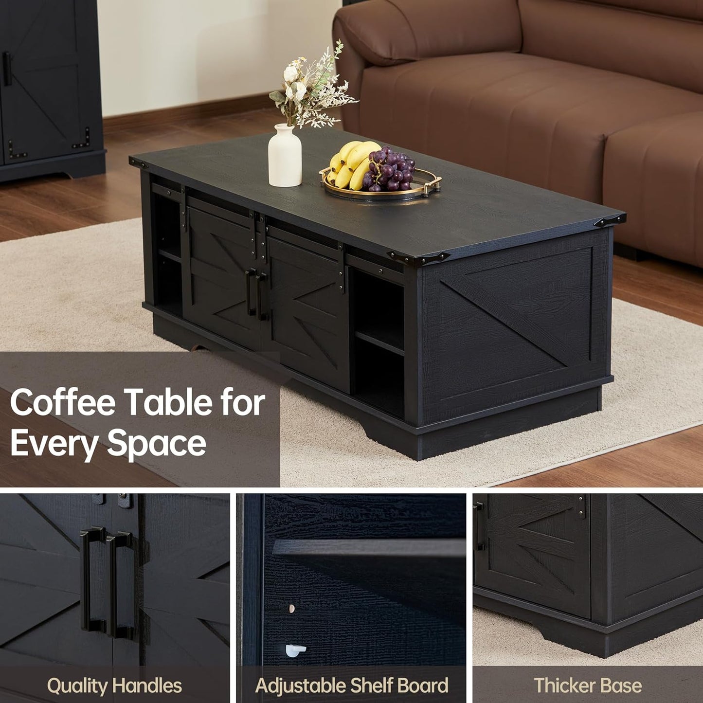 JINSEED 48" Farmhouse Wood Coffee Table,4 Sliding Barn Doors with 2 Storage Cabinets