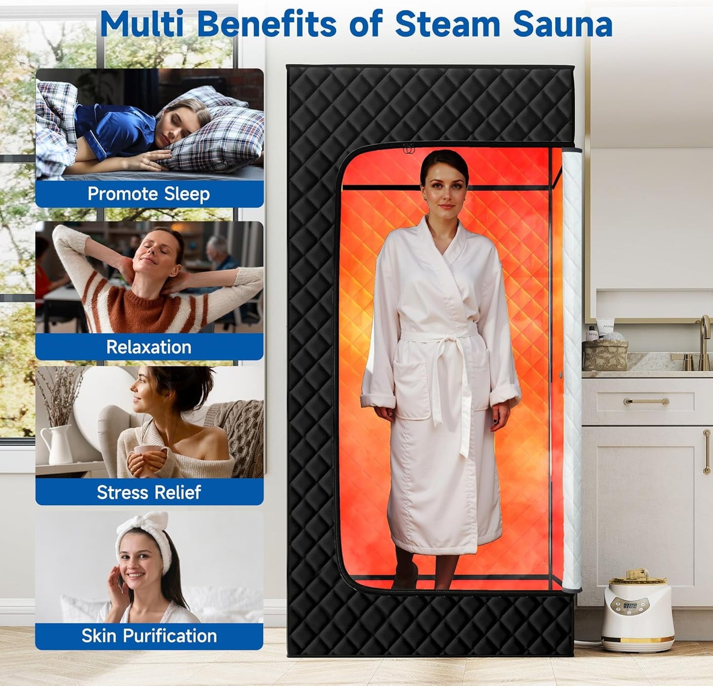 JINSEED Portable Steam Sauna Box with 3L 1500W Steamer, Personal Sauna Tent with 9 Adjustable Heat Levels, Steam Sauna Full Body for Home with Foldable Chair & Remote Control