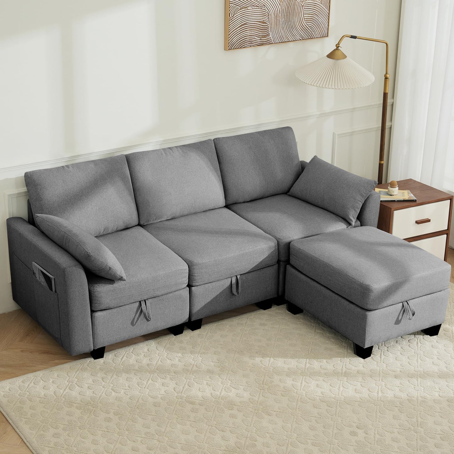 Sectional Sofa Convertible 3 Seats L-Shaped Couch, Linen Fabric Modular Sofa with Movable Ottoman for Small Apartments, Dark Gray