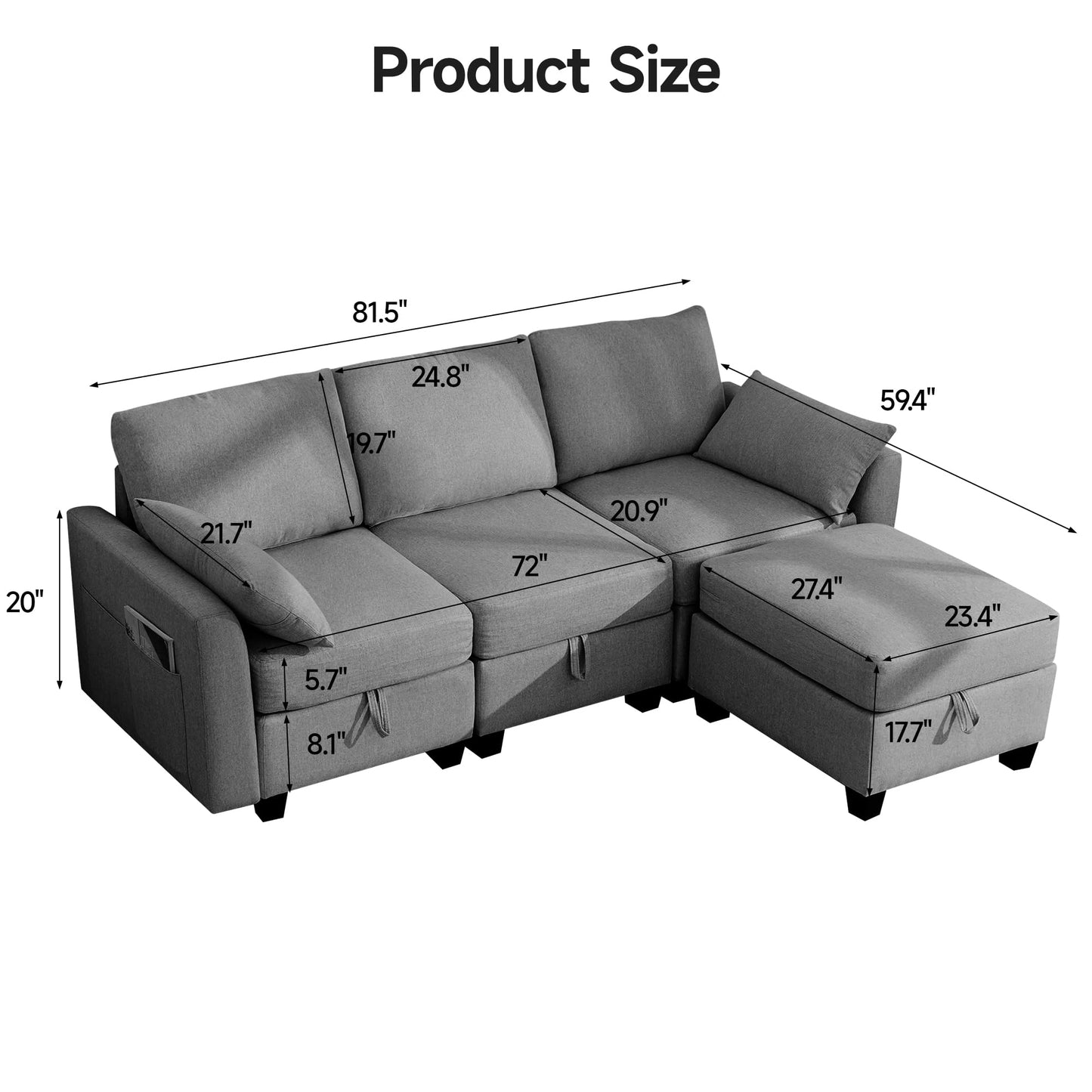 Sectional Sofa Convertible 3 Seats L-Shaped Couch, Linen Fabric Modular Sofa with Movable Ottoman for Small Apartments, Dark Gray