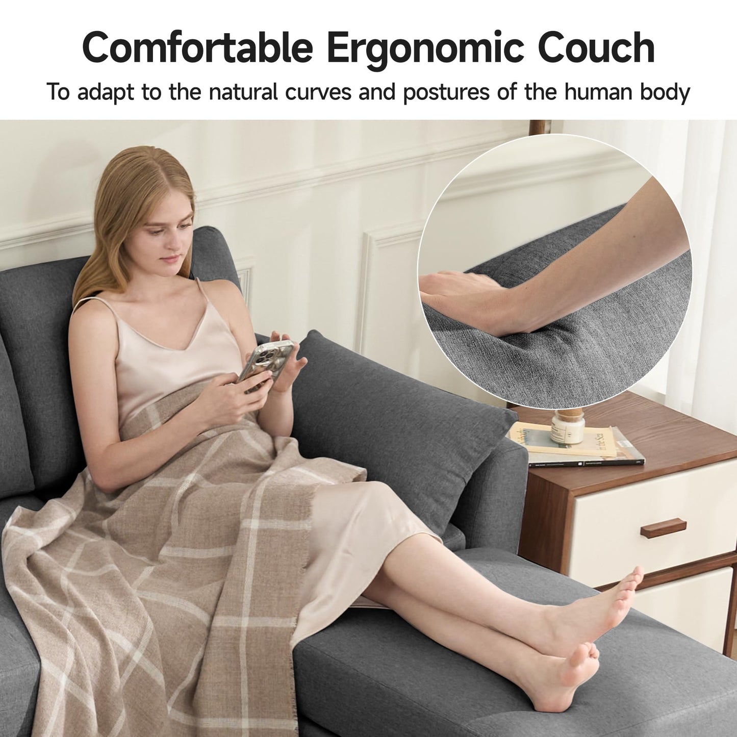 Sectional Sofa Convertible 3 Seats L-Shaped Couch, Linen Fabric Modular Sofa with Movable Ottoman for Small Apartments, Dark Gray