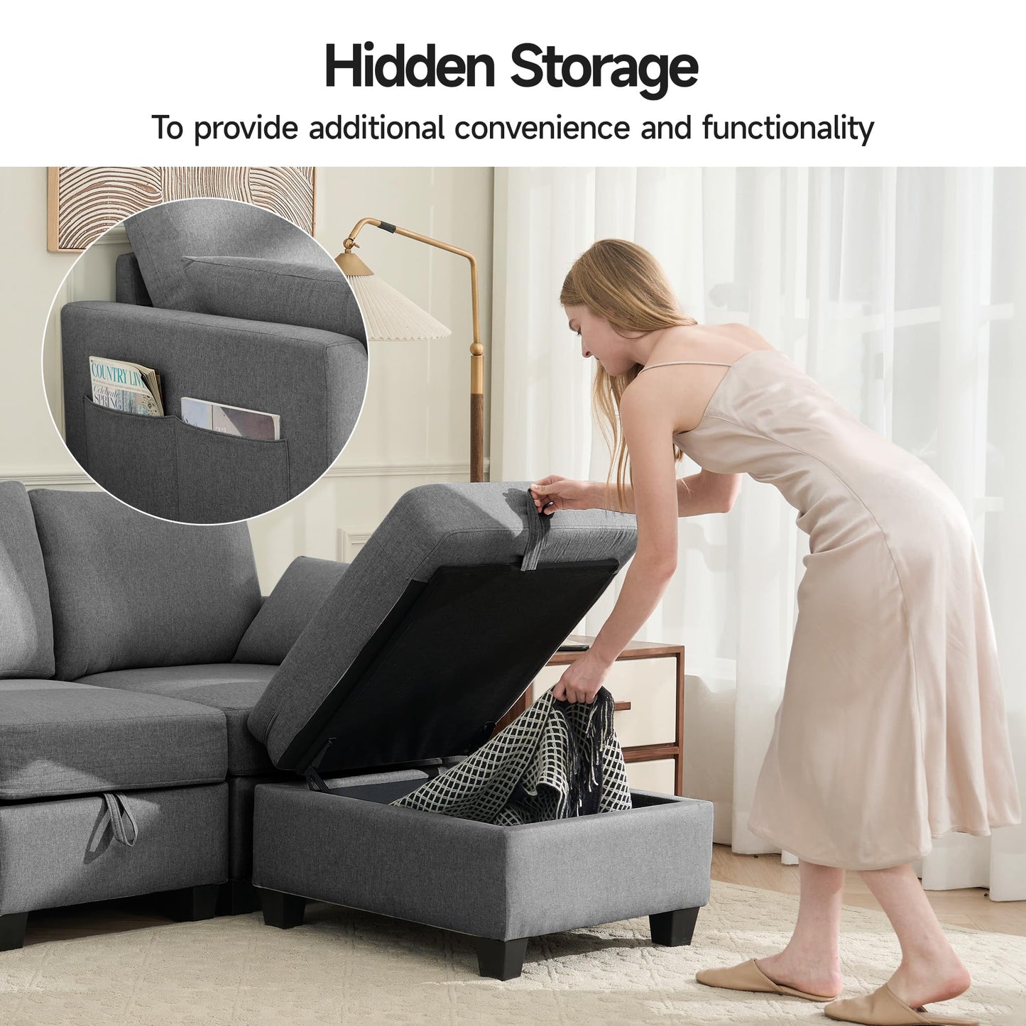 Sectional Sofa Convertible 3 Seats L-Shaped Couch, Linen Fabric Modular Sofa with Movable Ottoman for Small Apartments, Dark Gray