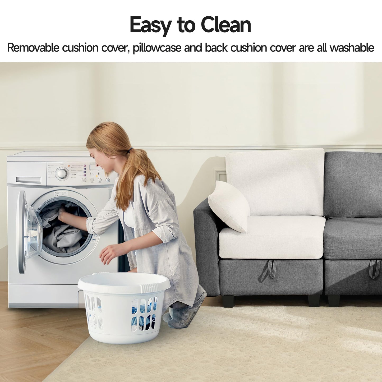 Sectional Sofa Convertible 3 Seats L-Shaped Couch, Linen Fabric Modular Sofa with Movable Ottoman for Small Apartments, Dark Gray