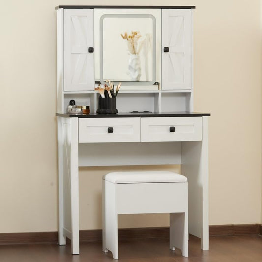 JINSEED Makeup Vanity Desk with Charging Station, Farmhouse Desktop Vanity Table with Stool