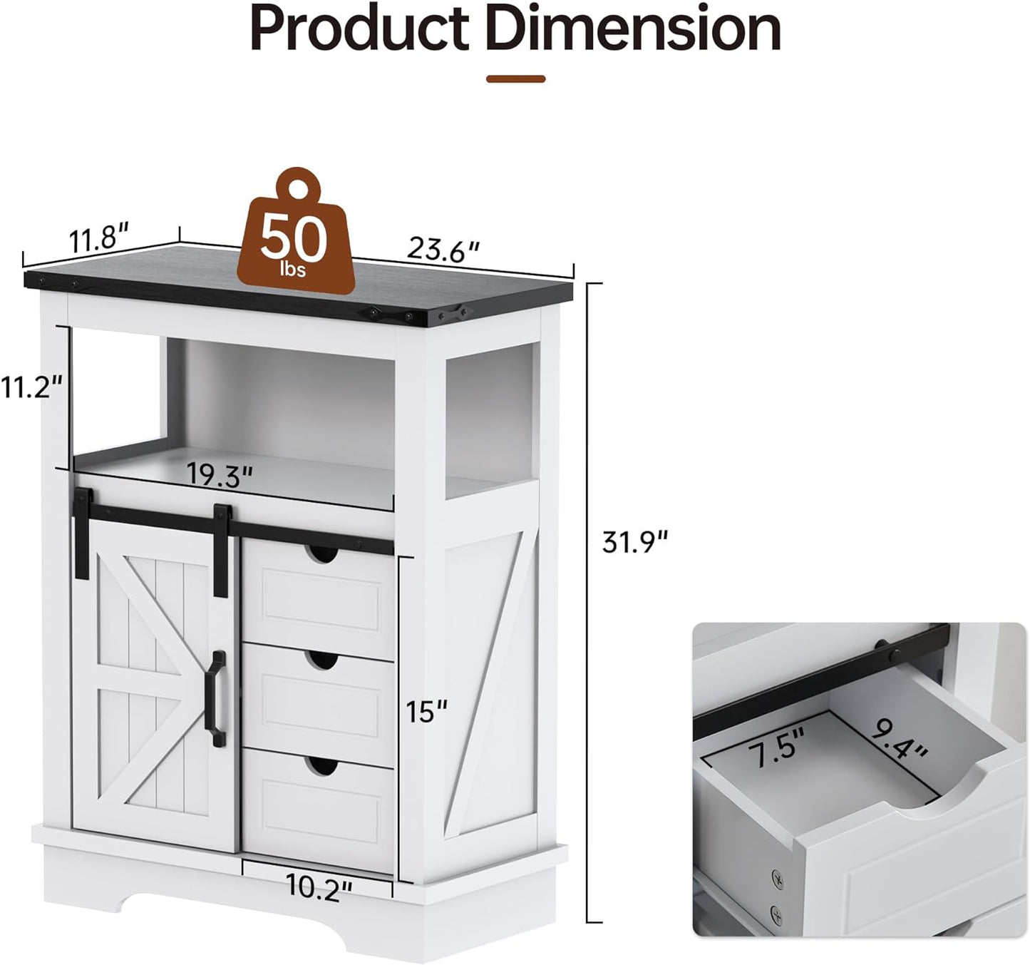 JINSEED Bathroom Floor Cabinet,Farmhouse Storage Cabinet w/ Sliding Barn Door&Storage Drawers