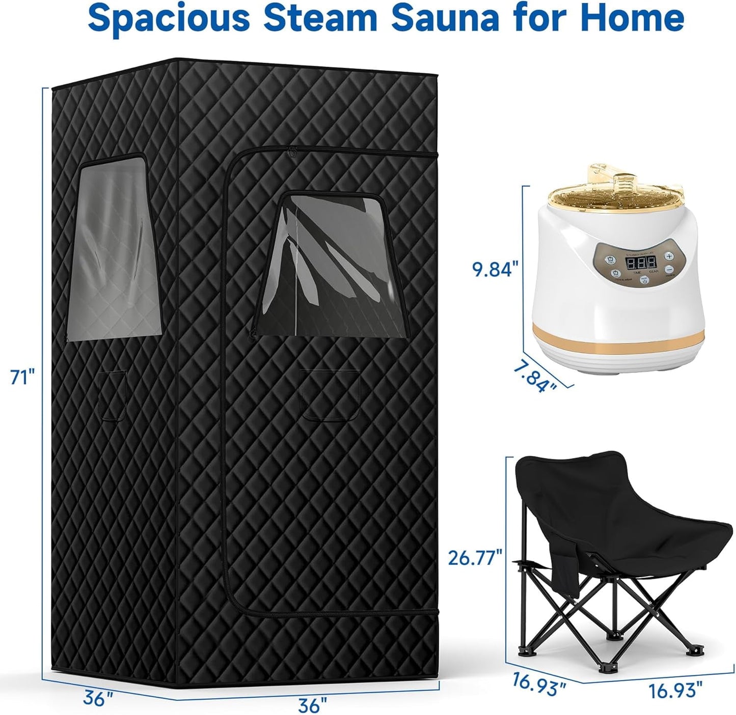 JINSEED Portable Steam Sauna Box with 3L 1500W Steamer, Personal Sauna Tent with 9 Adjustable Heat Levels, Steam Sauna Full Body for Home with Foldable Chair & Remote Control