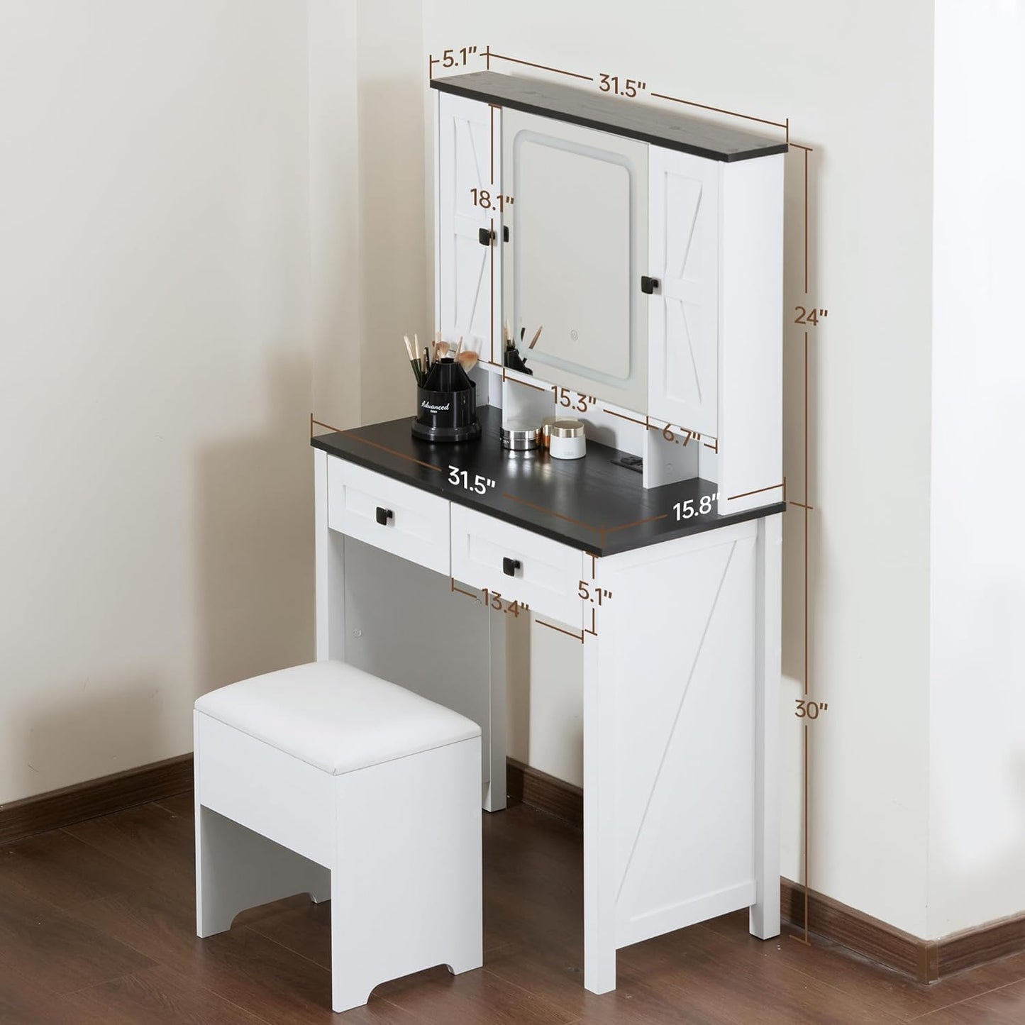 JINSEED Makeup Vanity Desk with Charging Station, Farmhouse Desktop Vanity Table with Stool