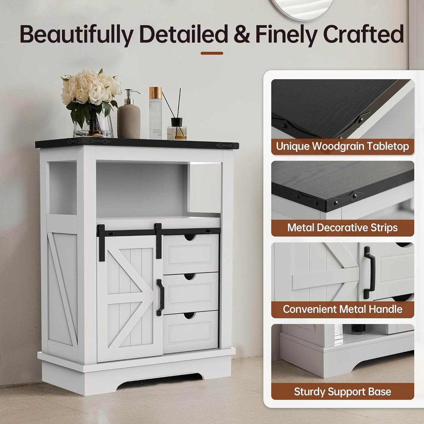 JINSEED Bathroom Floor Cabinet,Farmhouse Storage Cabinet w/ Sliding Barn Door&Storage Drawers