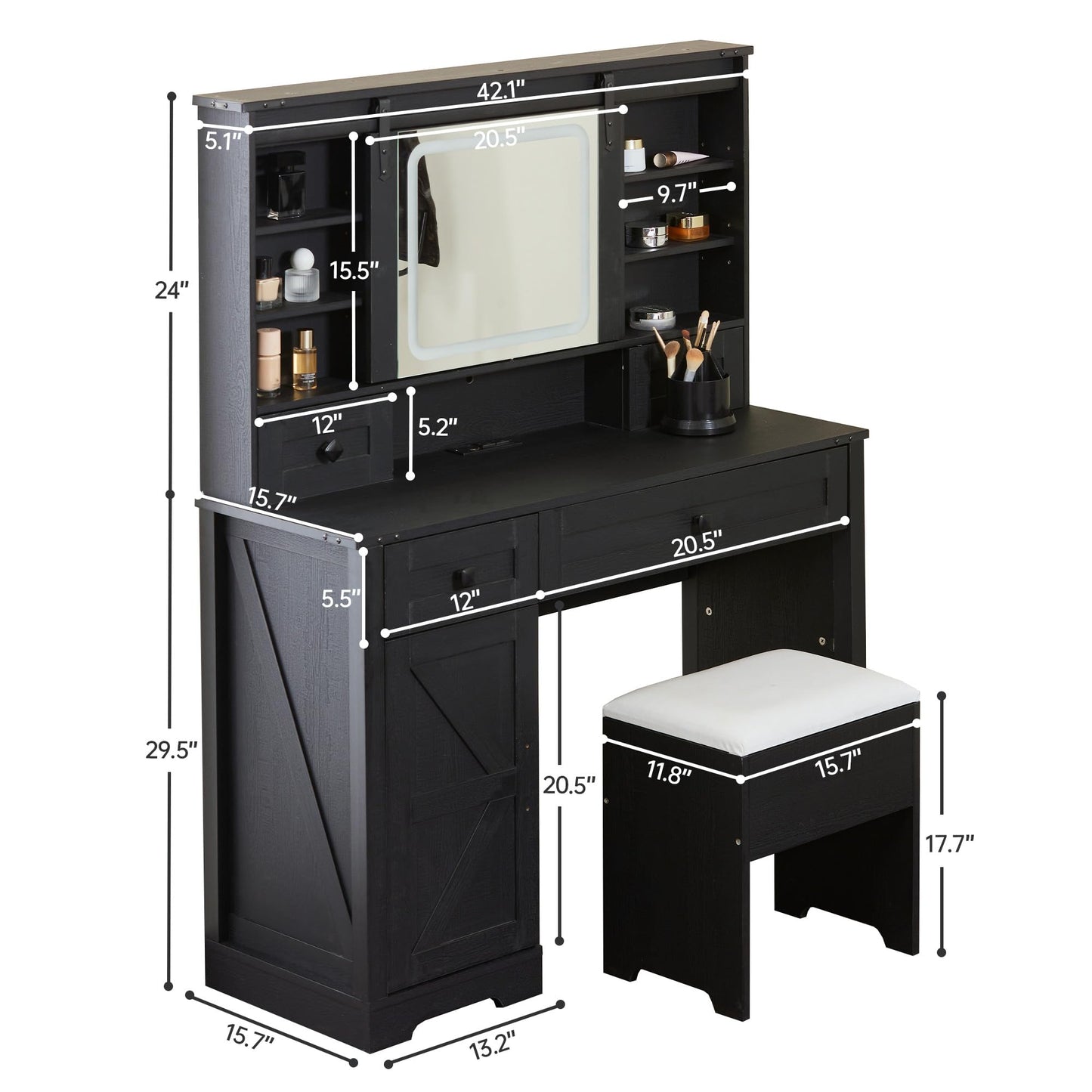 JINSEED Makeup Vanity Desk Set with Lighted Mirror, 42" Farmhouse Vanity Table with Stool