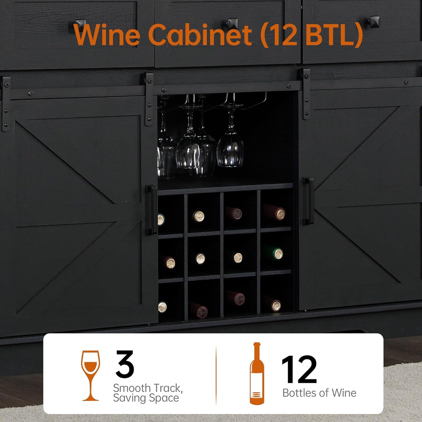 Wood Buffet Storage Cabinet, 54" Wine Cabinet with Sliding Barn Door, Storage Shelves