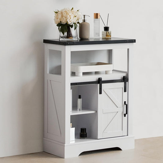 JINSEED Bathroom Floor Cabinet,Farmhouse Storage Cabinet w/ Sliding Barn Door&Storage Drawers