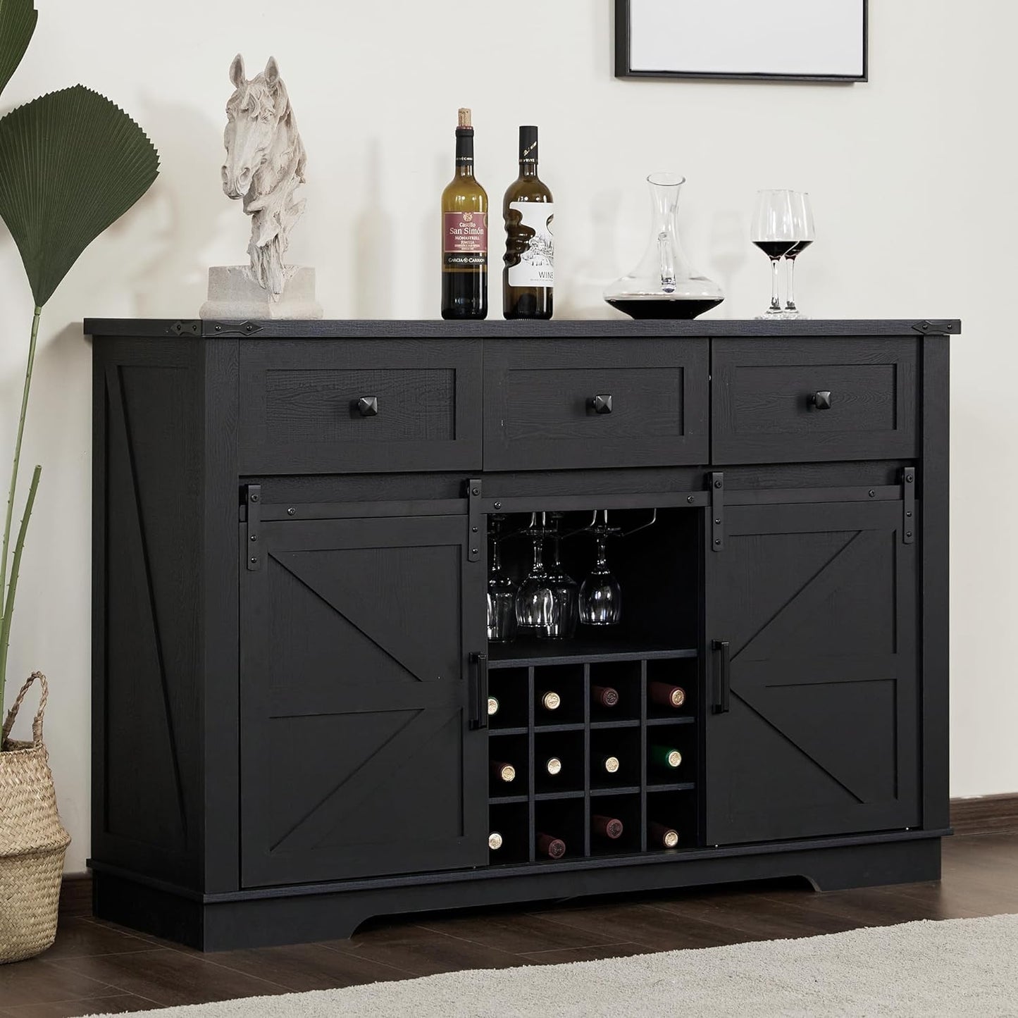 Wood Buffet Storage Cabinet, 54" Wine Cabinet with Sliding Barn Door, Storage Shelves