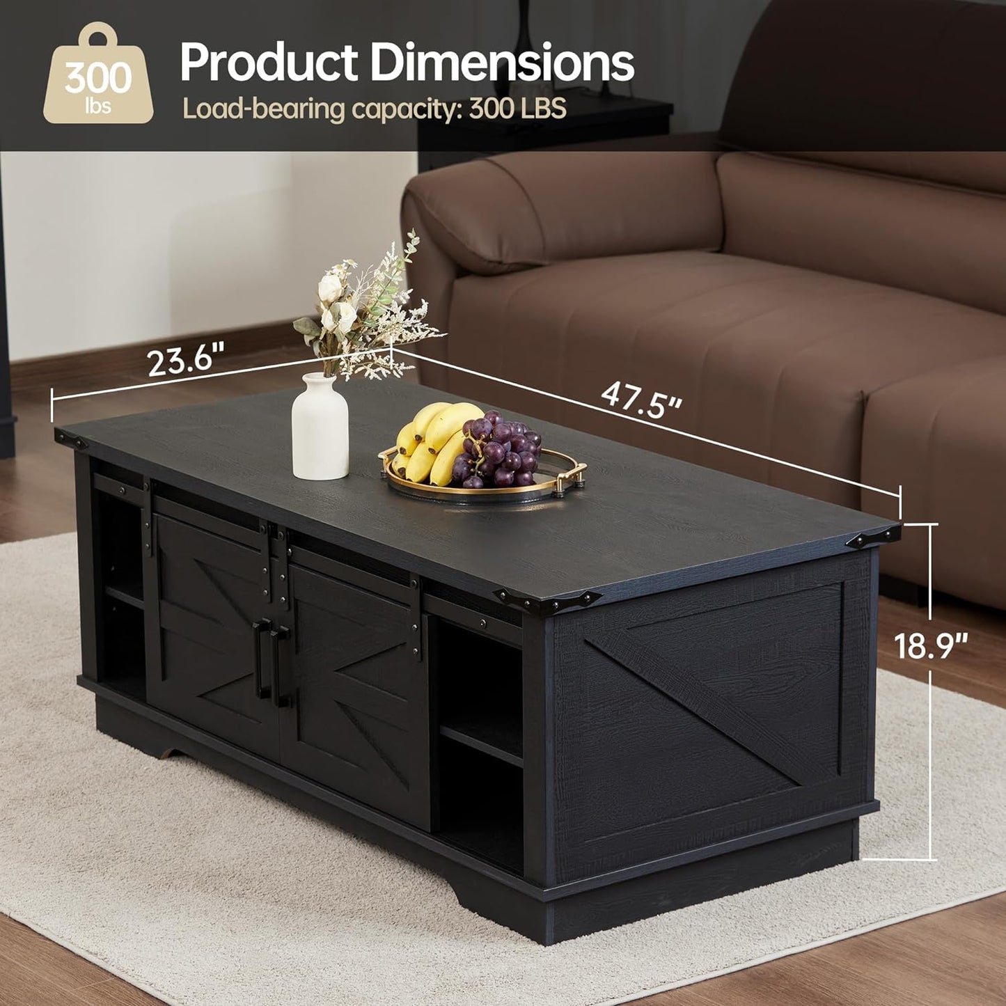 JINSEED 48" Farmhouse Wood Coffee Table,4 Sliding Barn Doors with 2 Storage Cabinets